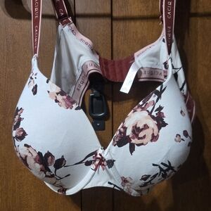 Cacique Floral Print Bra - Cream and Burgundy